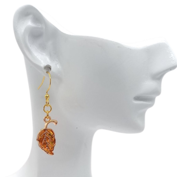 Gold Fall Leaf Earrings Autumn Jewelry Cozy Vibes - Picture 2 of 4